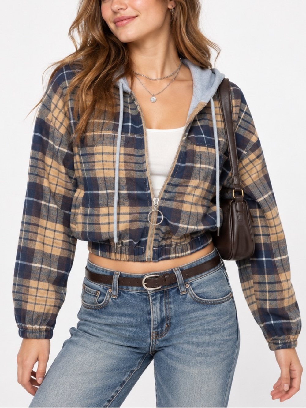 Altar'd State Plaid Cropped Hoodie Flannel Jacket Navy Tan Preppy Grunge Medium